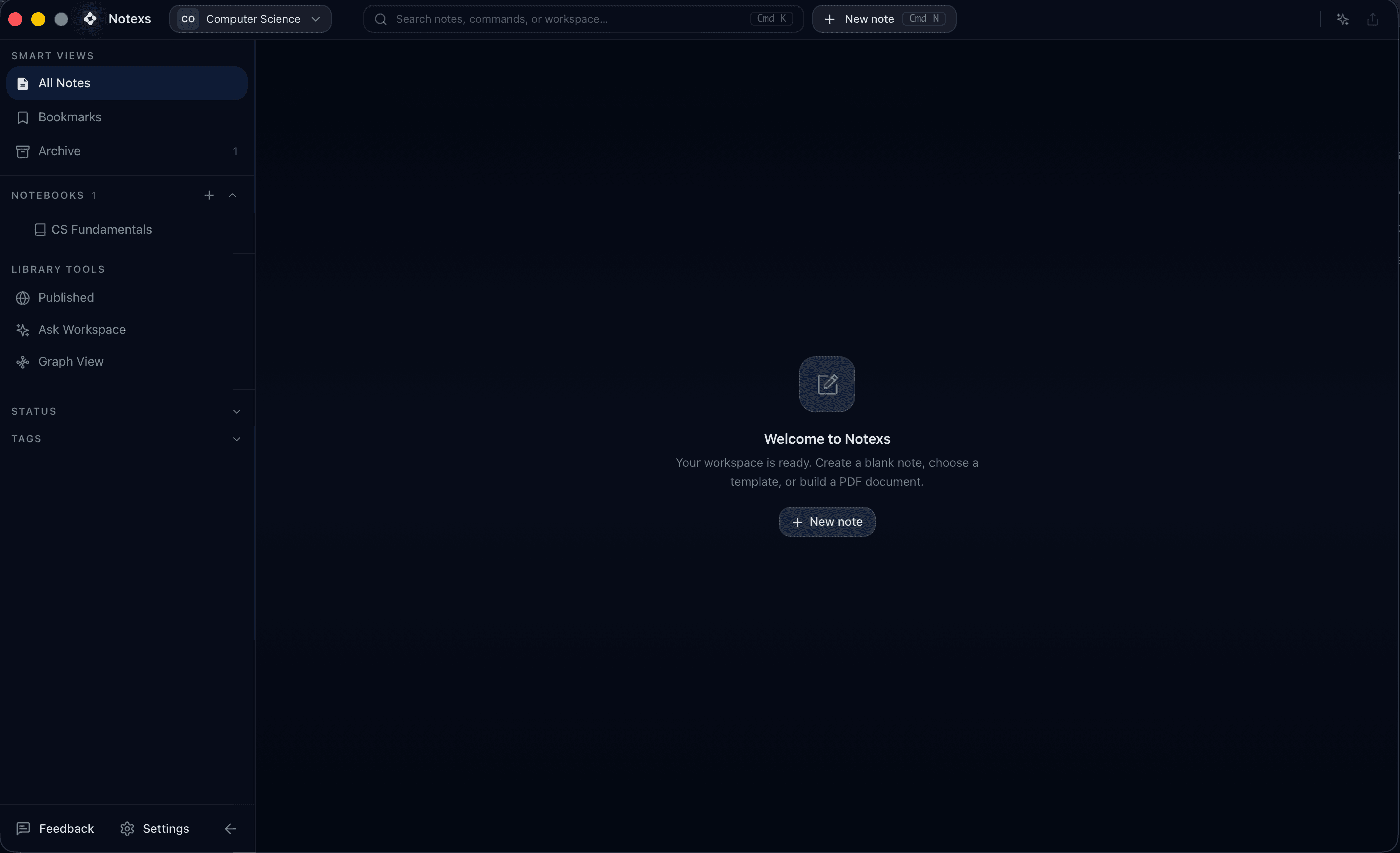 Notexs empty workspace with sidebar and create actions.
