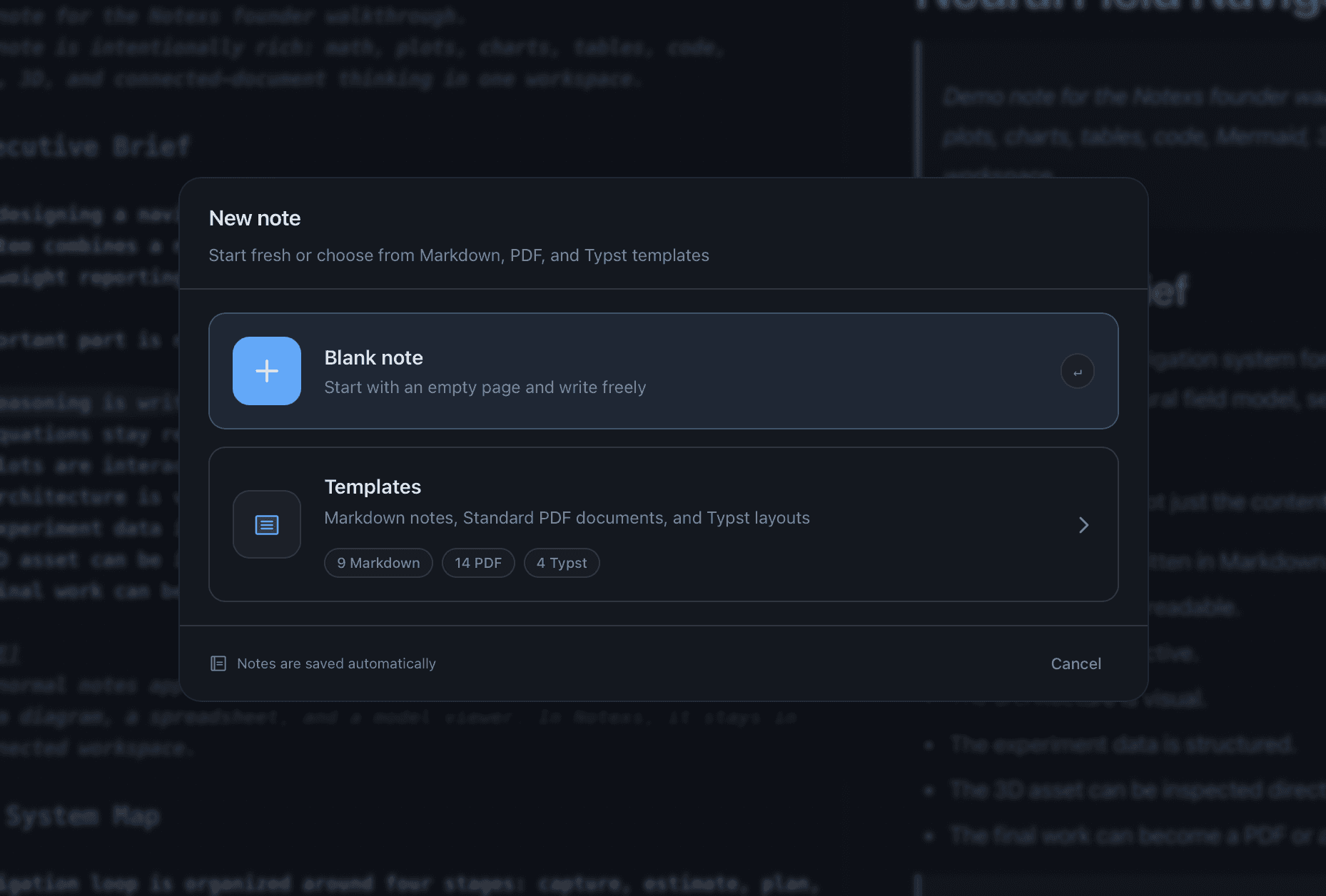 Notexs new note dialog with Markdown note and PDF document options.