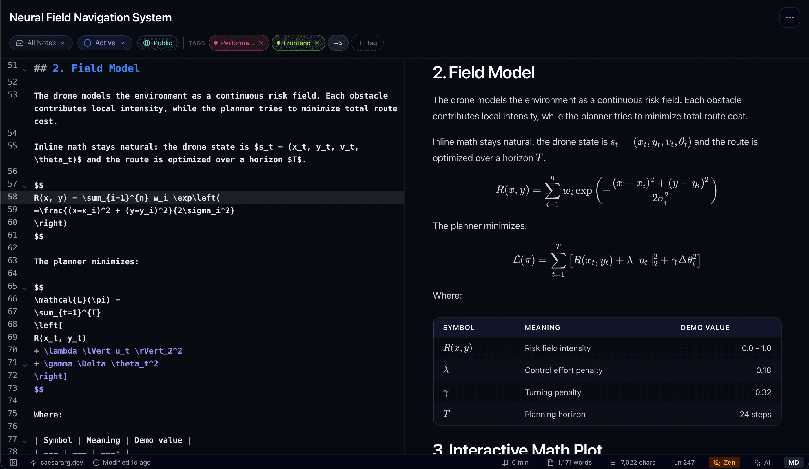 Notexs Markdown note with rich technical content in the editor and preview.