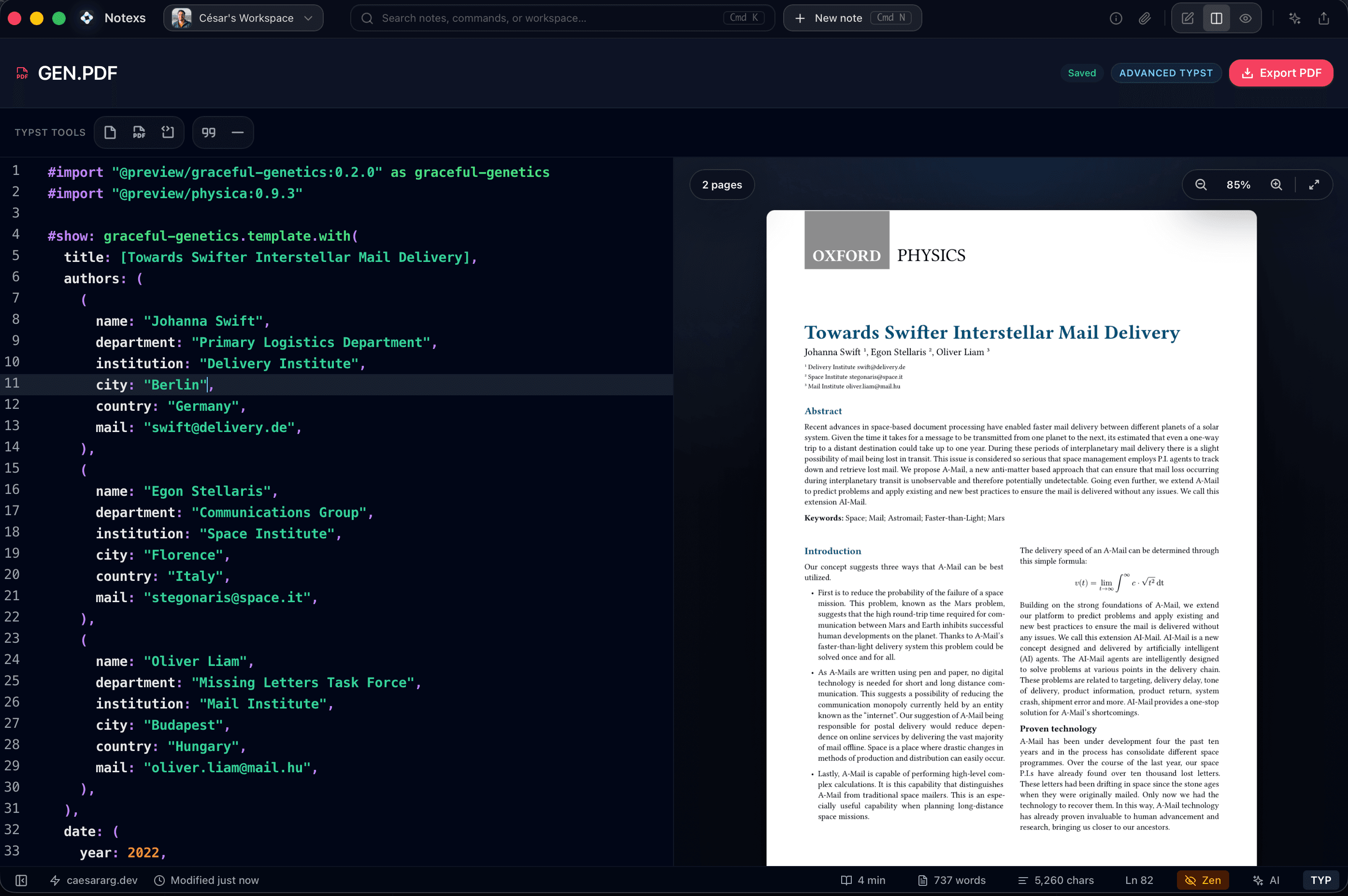 Notexs PDF editor with document source and compiled PDF preview side by side.